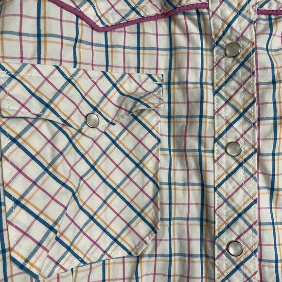 Bit & Bridle Womens Pearl Snap Shirt Large Pink Blue White Plaid Pockets Western - Picture 4 of 8